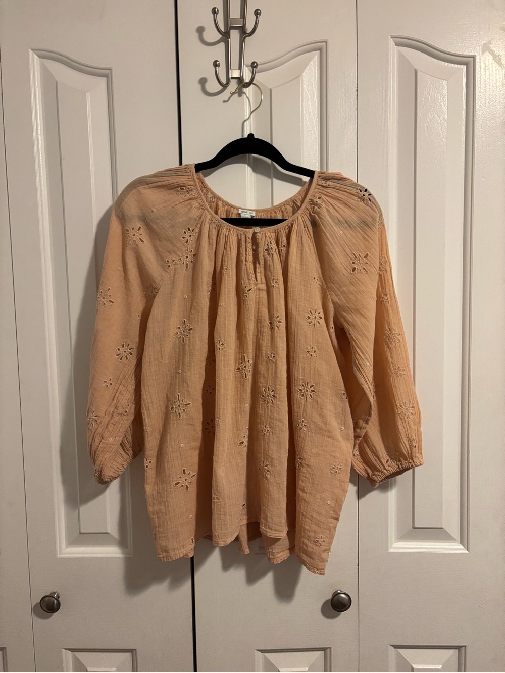 Aerie blouse, Peach Eyelet Gauze Boho Peasant Top - Women